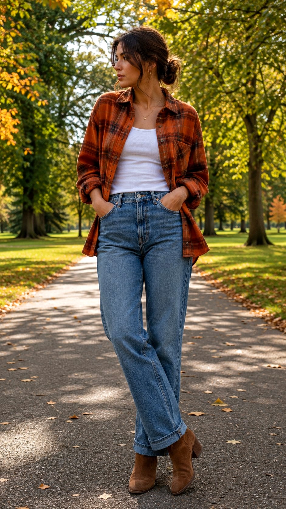 Burnt Orange Flannel over White Tank - 21 Orange Shirt Outfit Ideas