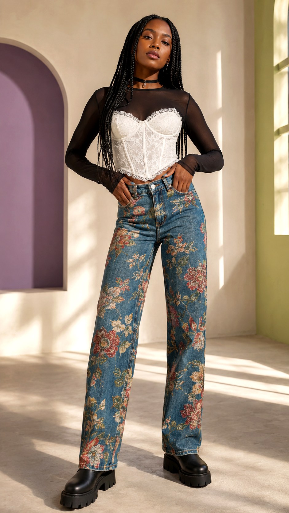 Bustier Layering With Printed Jeans - 21 flower jeans outifit ideas