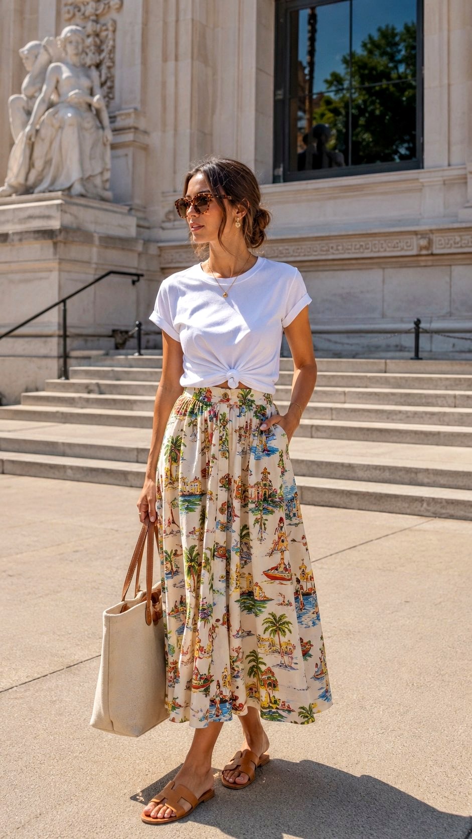Button Down Midi Skirt and Tee - 22 Summer Outfit Ideas