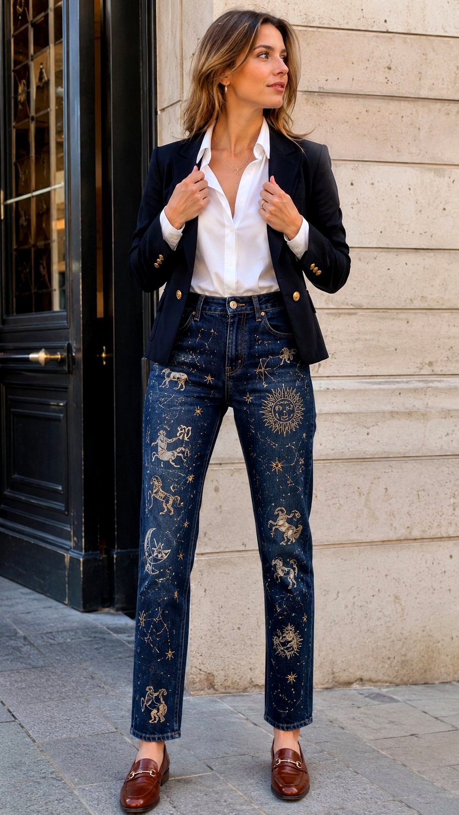 Button Down Shirt and Zodiac Print Jeans - 20 printed jeans ideas