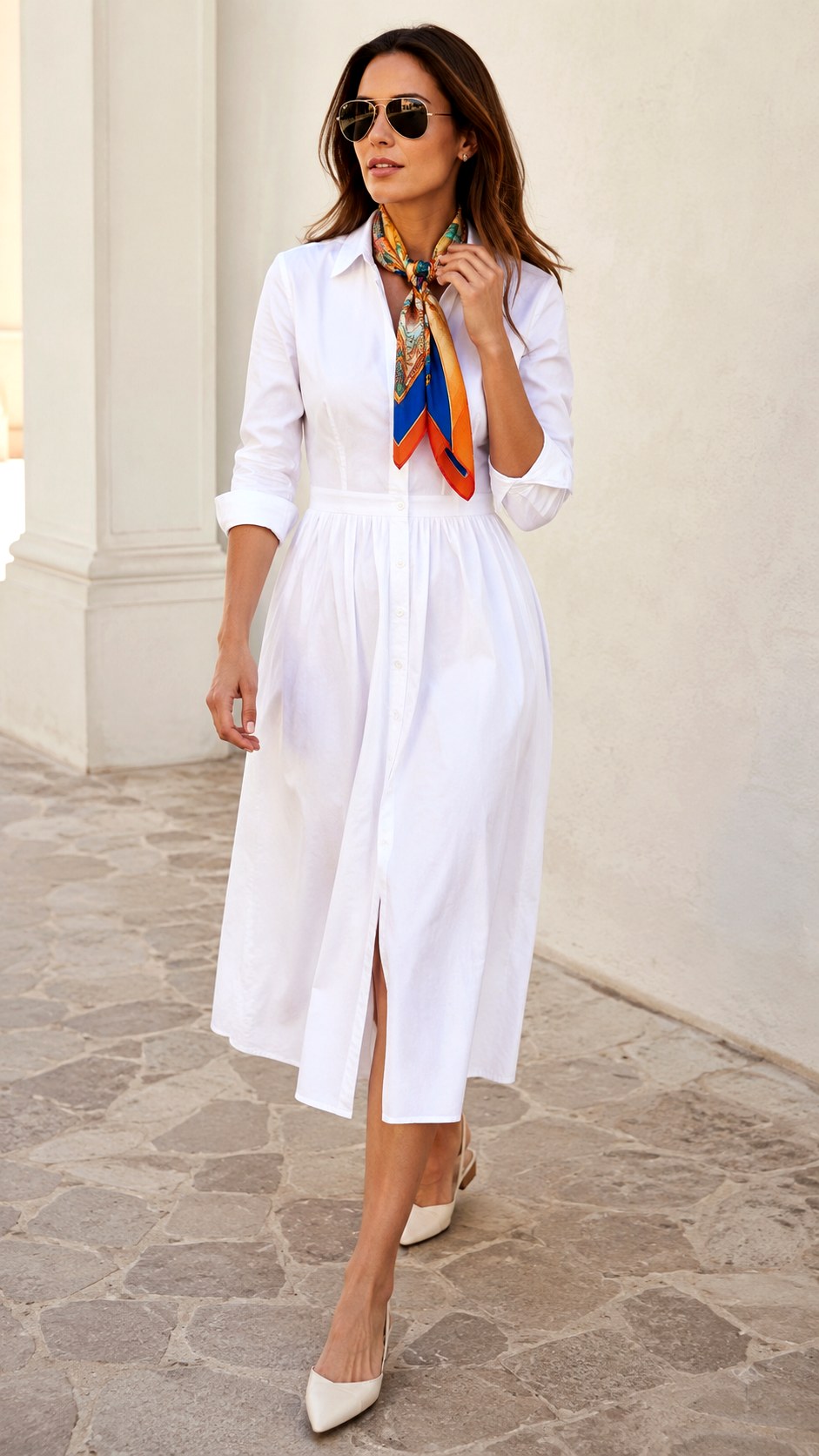 Button Down White Summer Dress With Silk Scarf - 22 white summer dress outfit ideas
