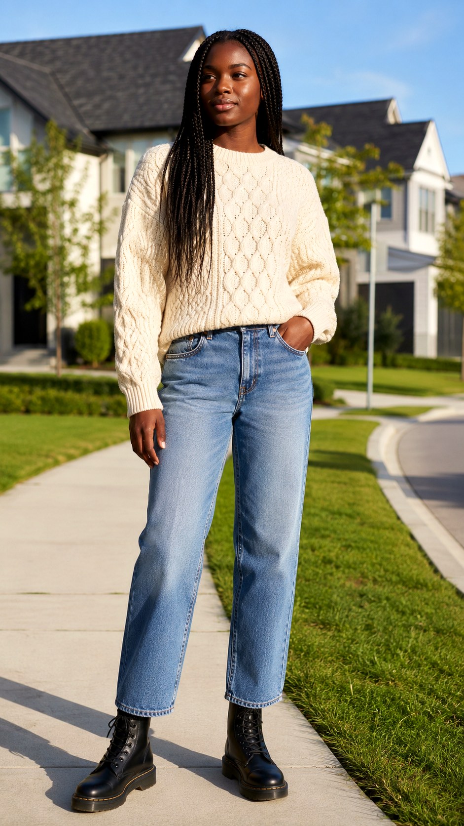 Cable Knit Sweater and Vintage Jeans - 21 sweater and jean outfit ideas
