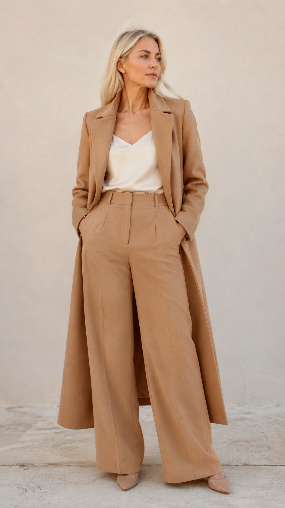 Camel High Collar Jacket and Trousers - 21 high collar jacket outfit ideas