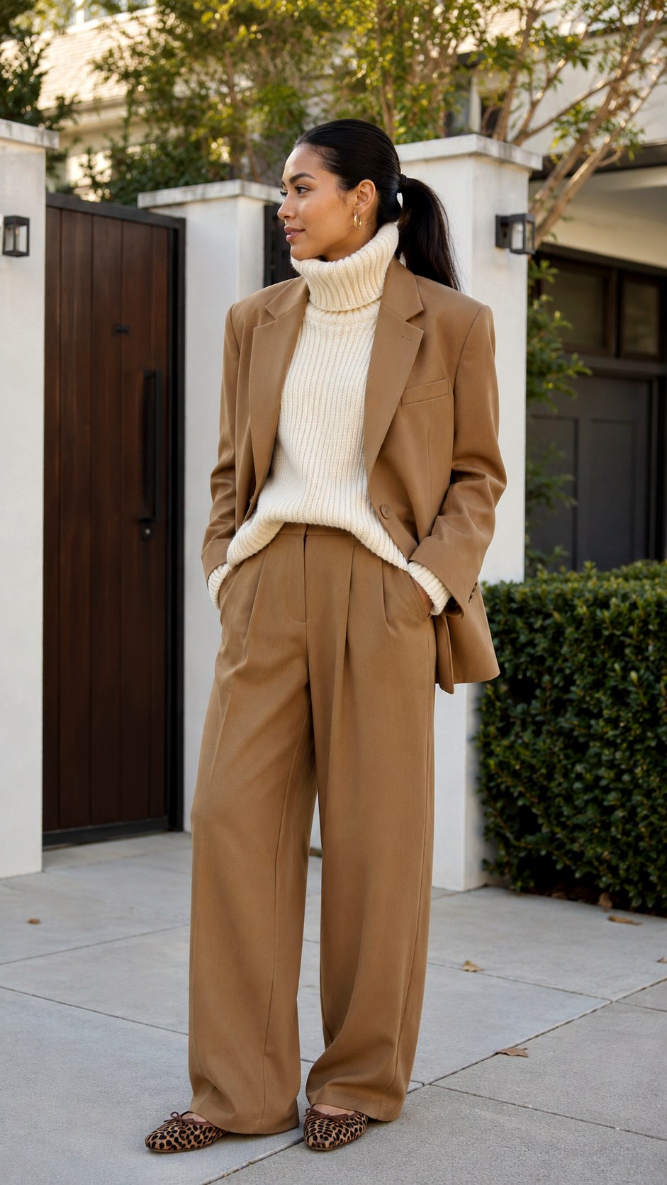 Camel Suit with Turtleneck Layers - 25 baggy suit outfit ideas