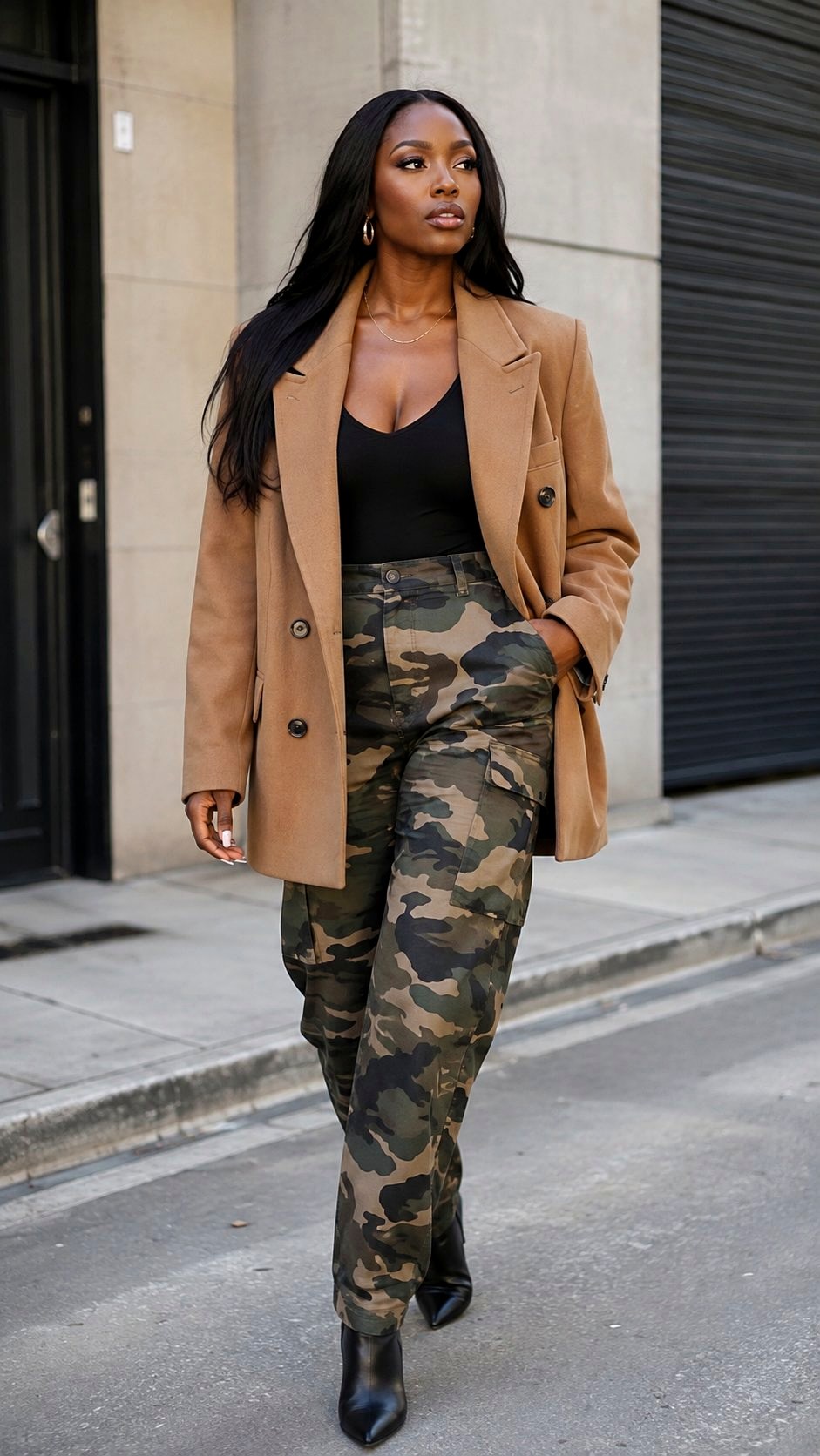 Camo Trousers With Oversized Blazer - 23 printed trousers outfit ideas