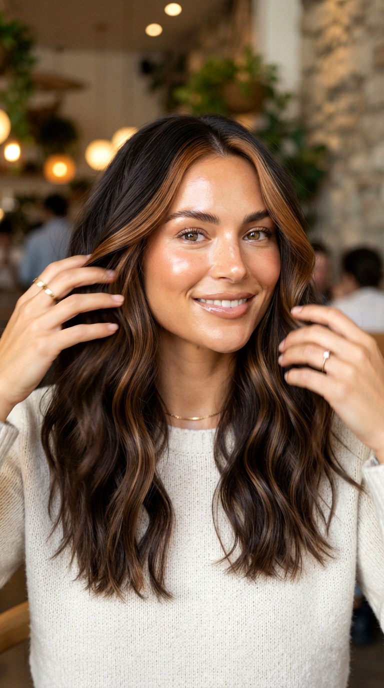 Caramel Money Piece on Wavy Hair - 22 hair dye ideas highlights