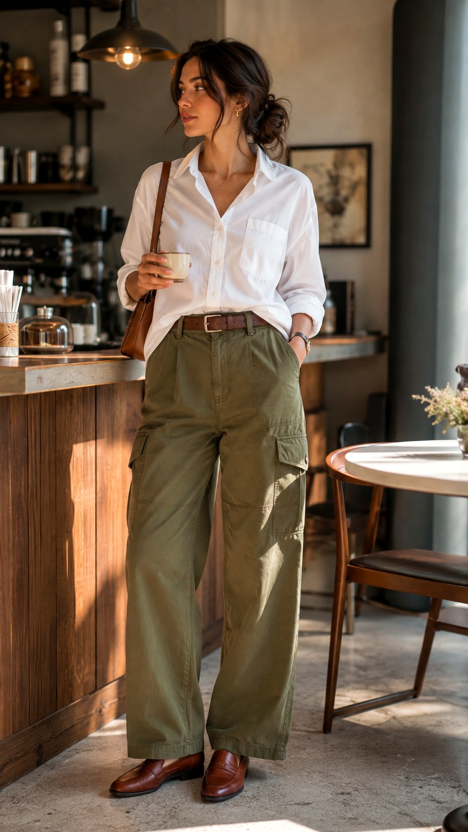 Cargo pants with Button Down Shirt Tucked - 22 Cargo Pants Outfit Ideas
