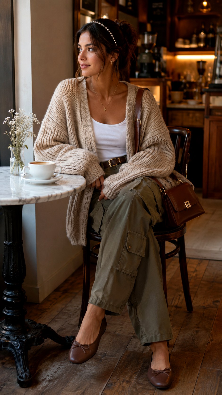 Cargo pants with Cardigan and Ballet Flats - 22 Cargo Pants Outfit Ideas