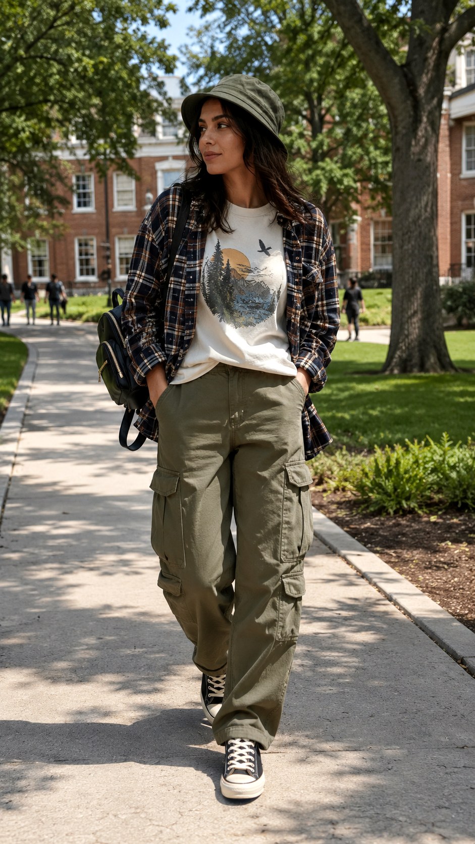 Cargo pants with Graphic Tee and Flannel - 22 Cargo Pants Outfit Ideas