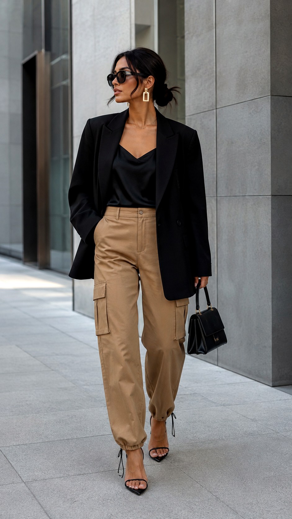 Cargo pants with Oversized Blazer and Heels - 22 Cargo Pants Outfit Ideas