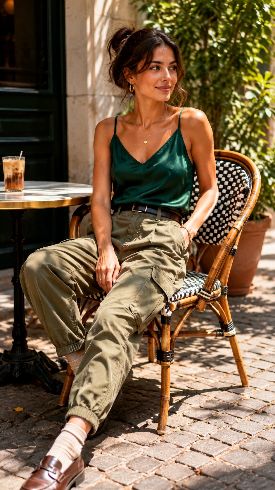 Cargo pants with Silk Camisole and Loafers - 22 Cargo Pants Outfit Ideas