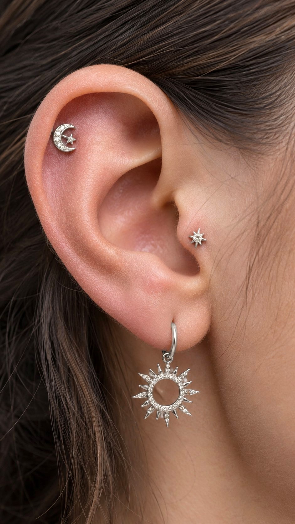 Celestial Theme Silver Ear Stack - 21 Silver Earrings Stack Ideas
