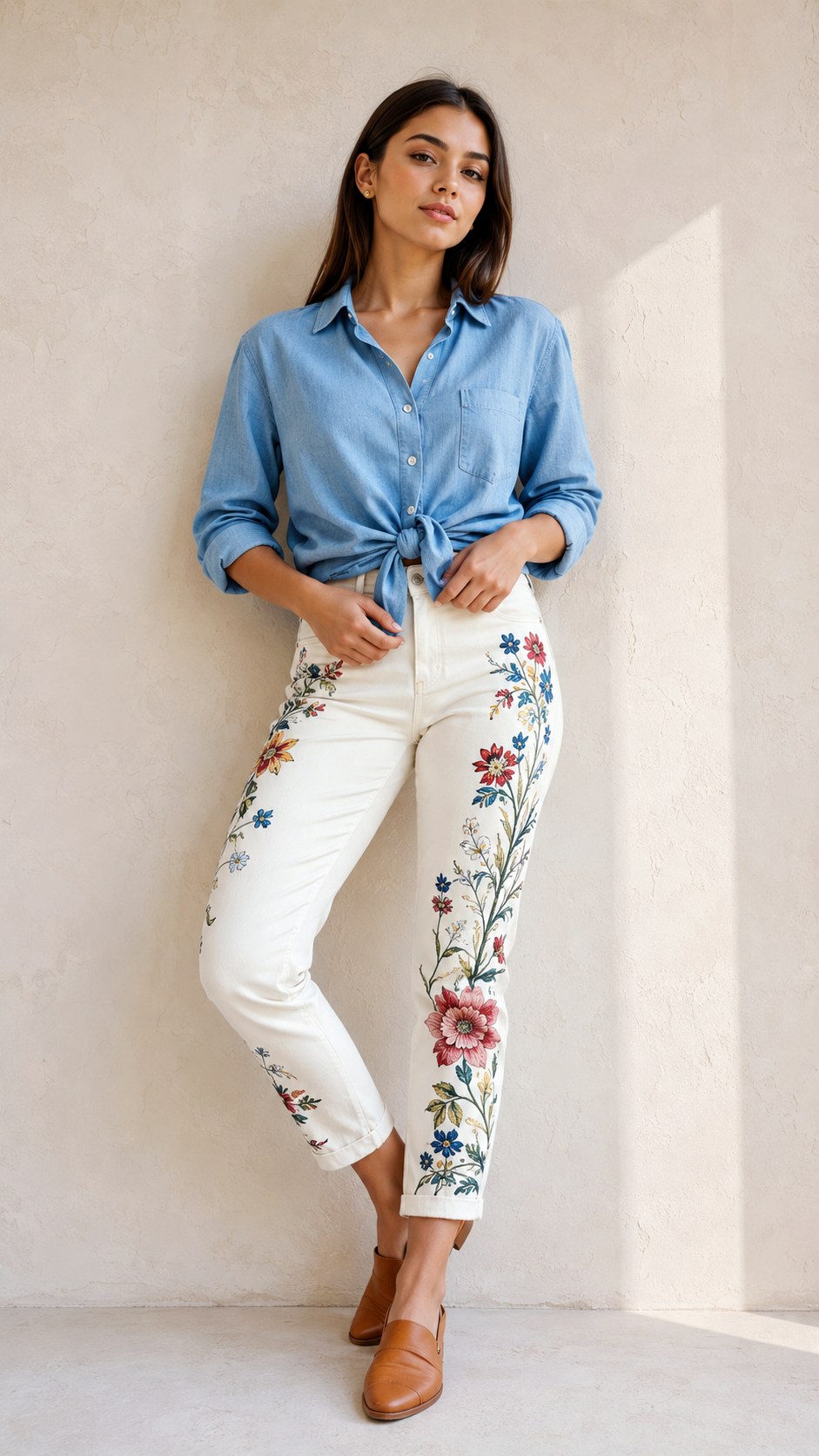 Chambray Shirt Knot With Bloom Jeans - 21 flower jeans outifit ideas