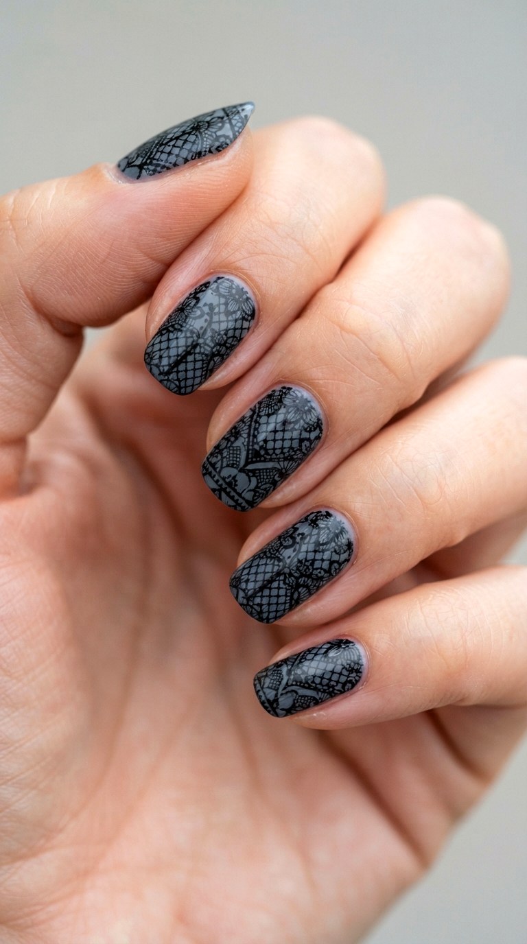 Charcoal Grey Stenciled Lace - 22 lace nail art ideas