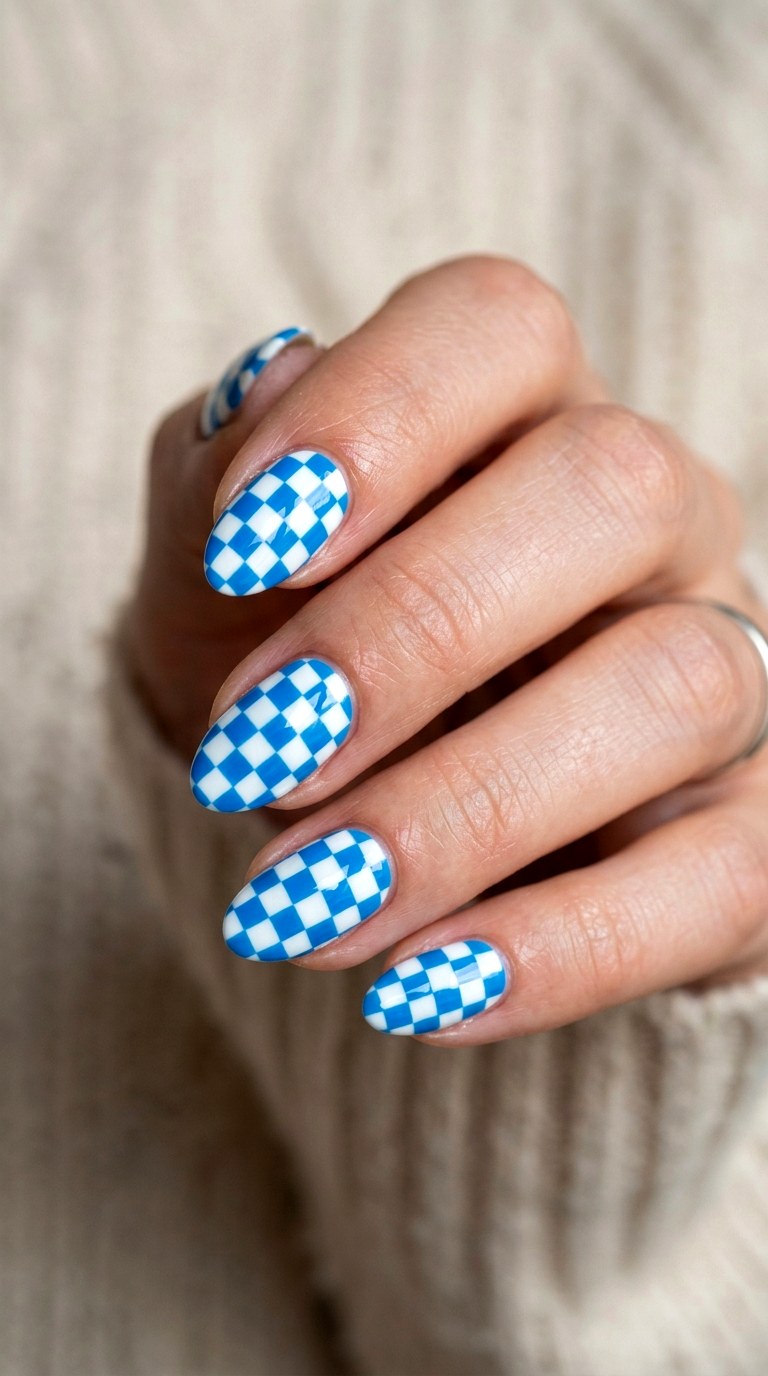 Checkerboard Bright Blue Nails - 22 bright blue nails