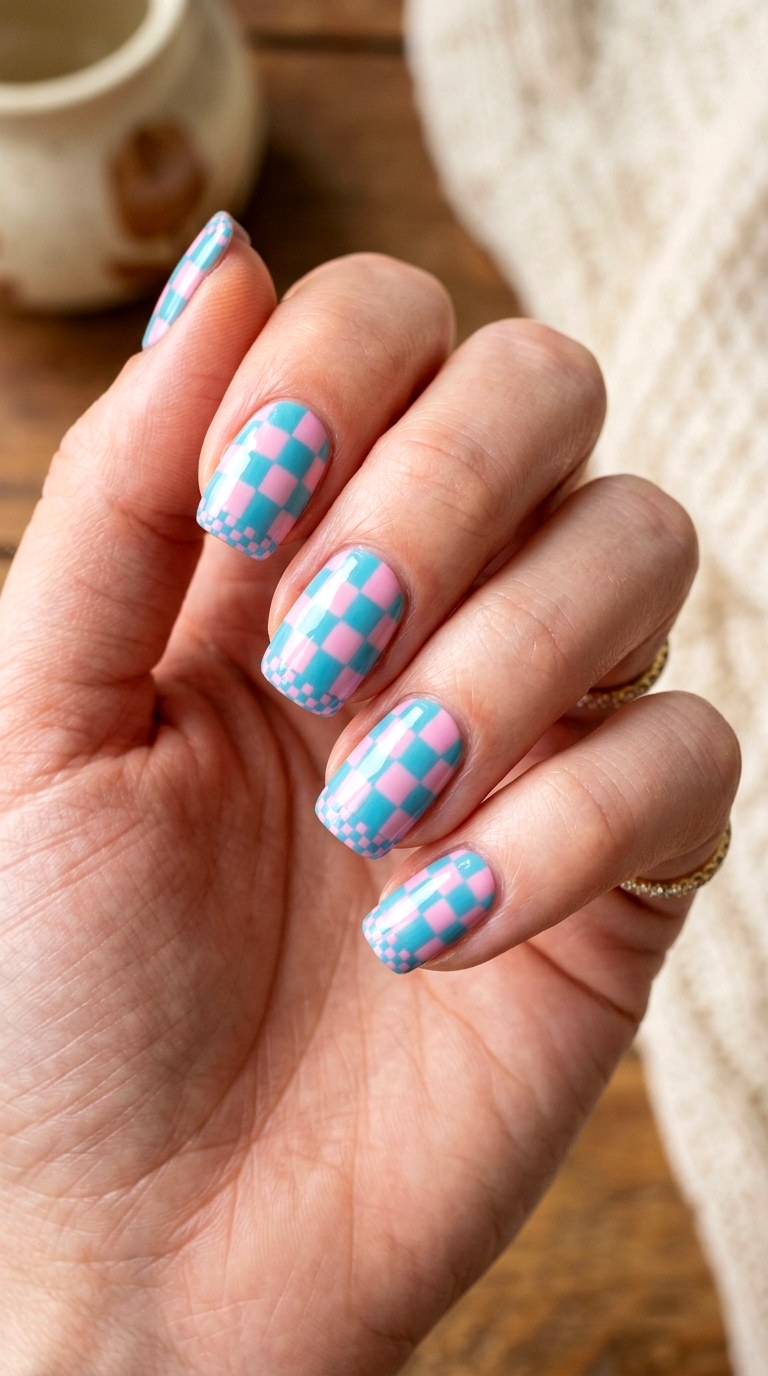 Checkerboard Pink and Blue Nails - 23 pink and blue french tip nails