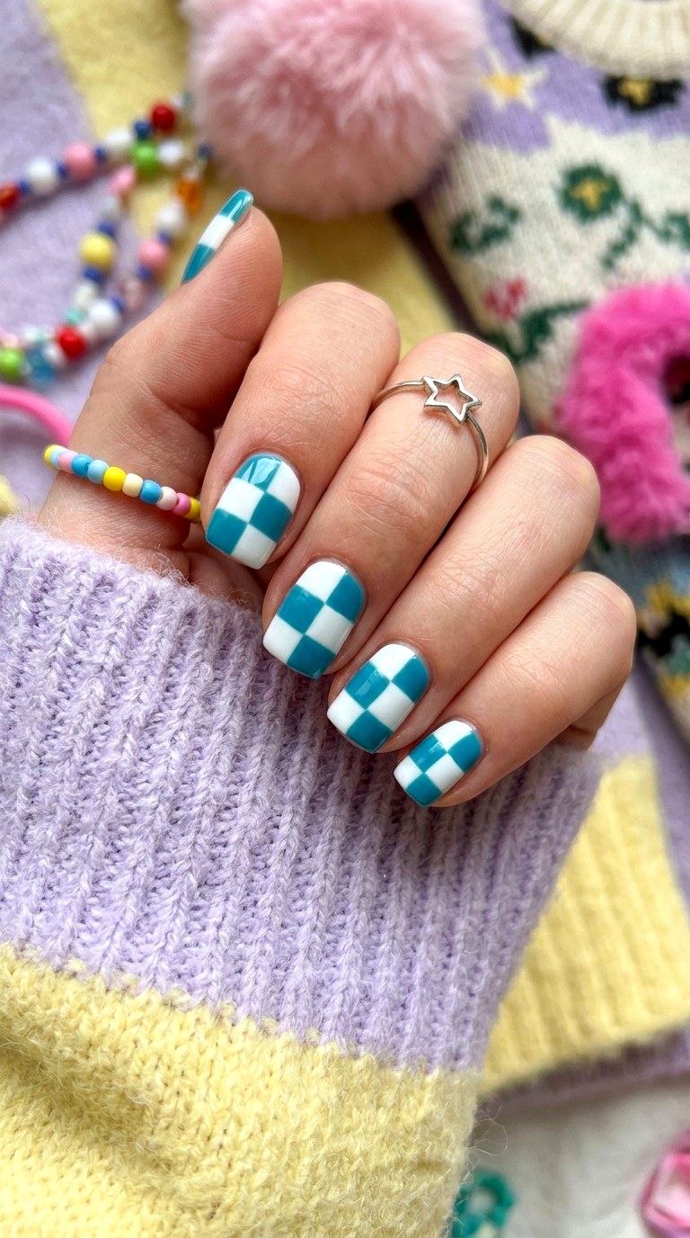 Checkerboard Teal Nail Art - 24 Teal Nail Art Ideas