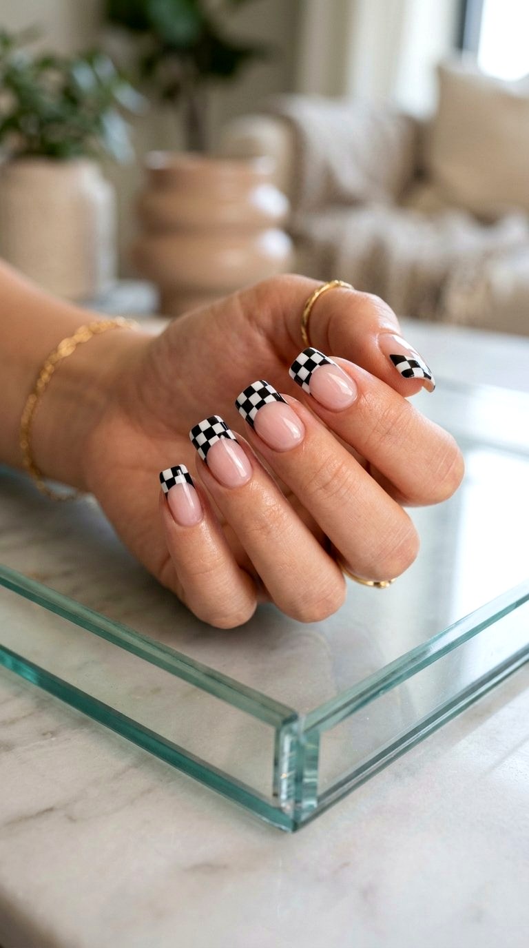 Checkered French Tips - 21 Nail Art at Home Ideas