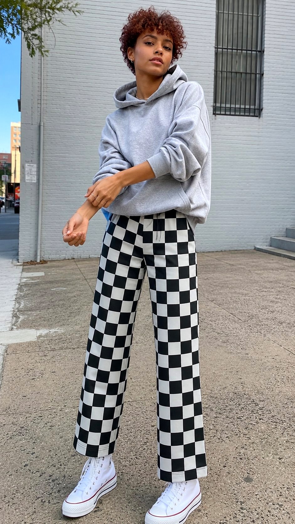 Checkered Print Pants with Hoodie - 23 printed pants style ideas