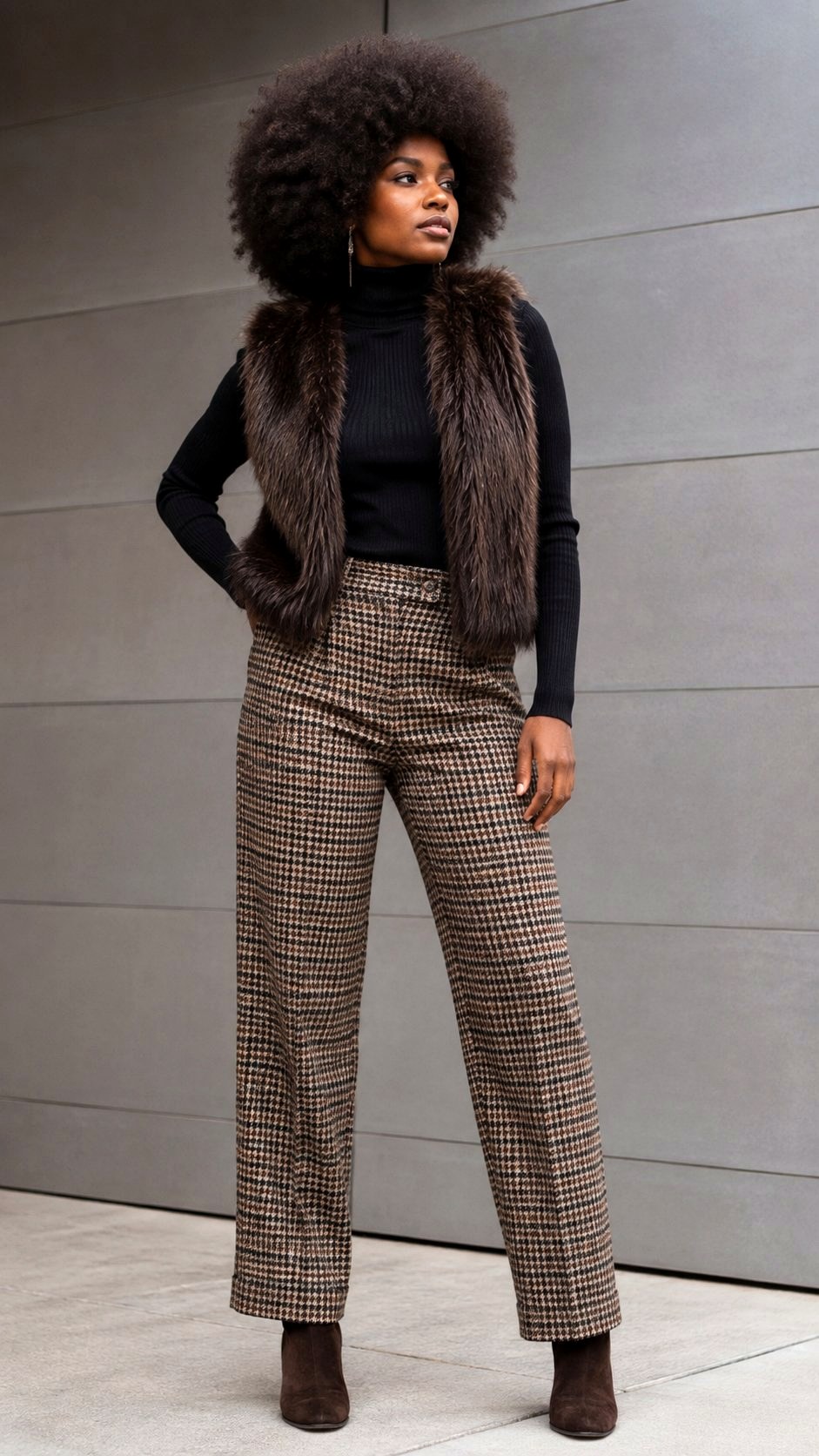 Checkered Trousers With Faux Fur Vest - 23 printed trousers outfit ideas