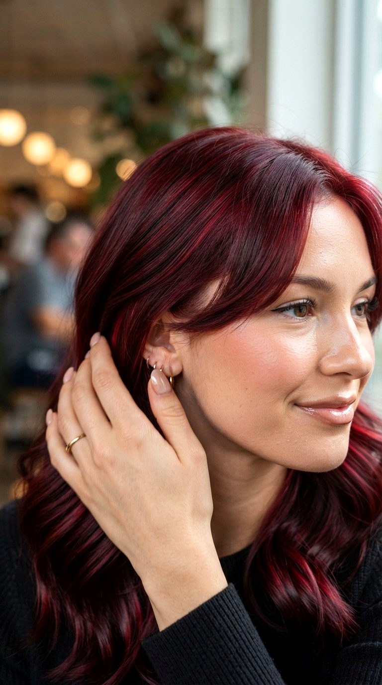 Cherry Cola Red on Face Framing Layers - 21 long hair color ideas