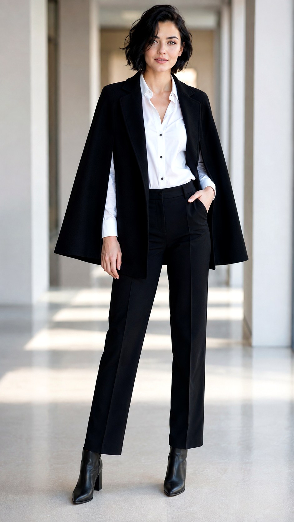 Chic Black Wool Cape Outfit Ideas - 24 pleated trouser outfit ideas