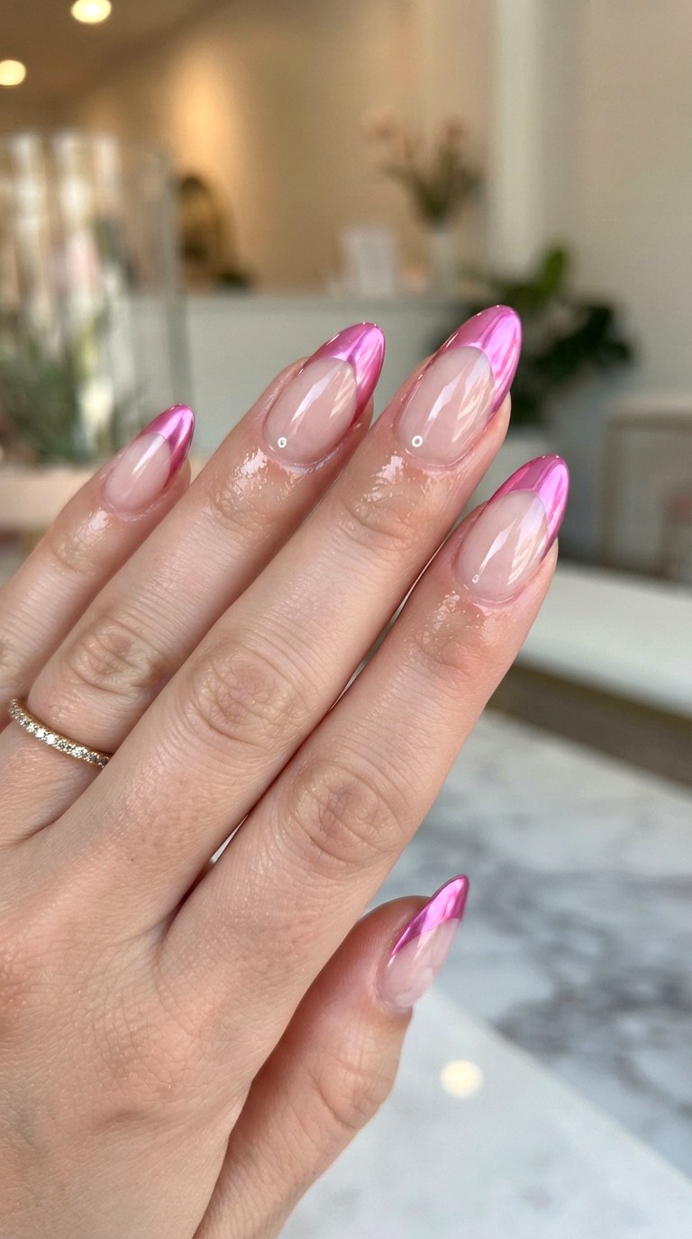 Chrome Bright Pink French Nails - 22 bright pink french nails