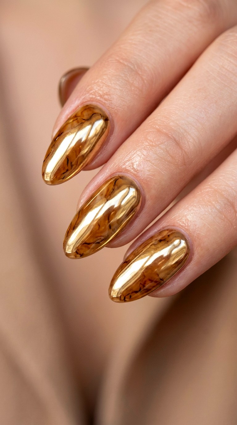 Chrome Glazed Amber Marble Nails - 22 Glossy Amber Marble Nails