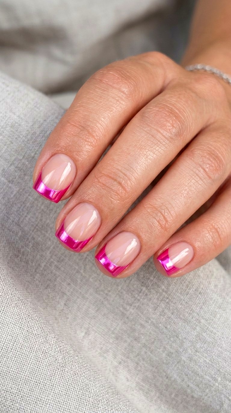 Chrome Glazed Bright Pink French Tip Nails - 21 bright pink french tip nails