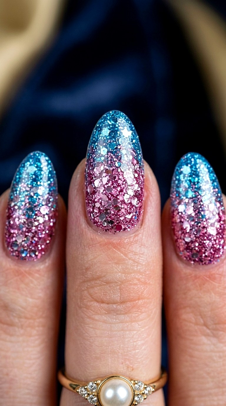 Chrome Glitter Pink and Blue Nails - 23 pink and blue french tip nails