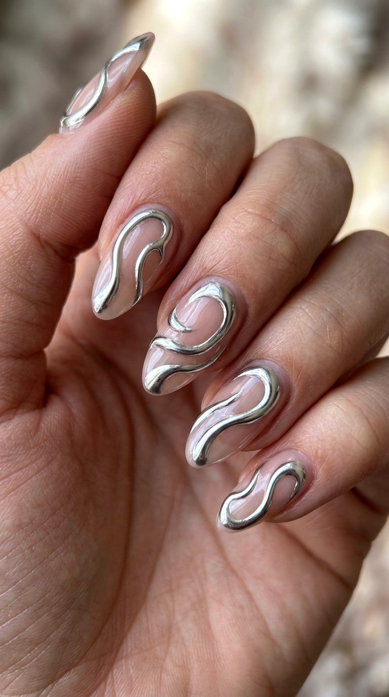 Chrome Metallic Silver Swirls Nails - 24 teen nail art ideas