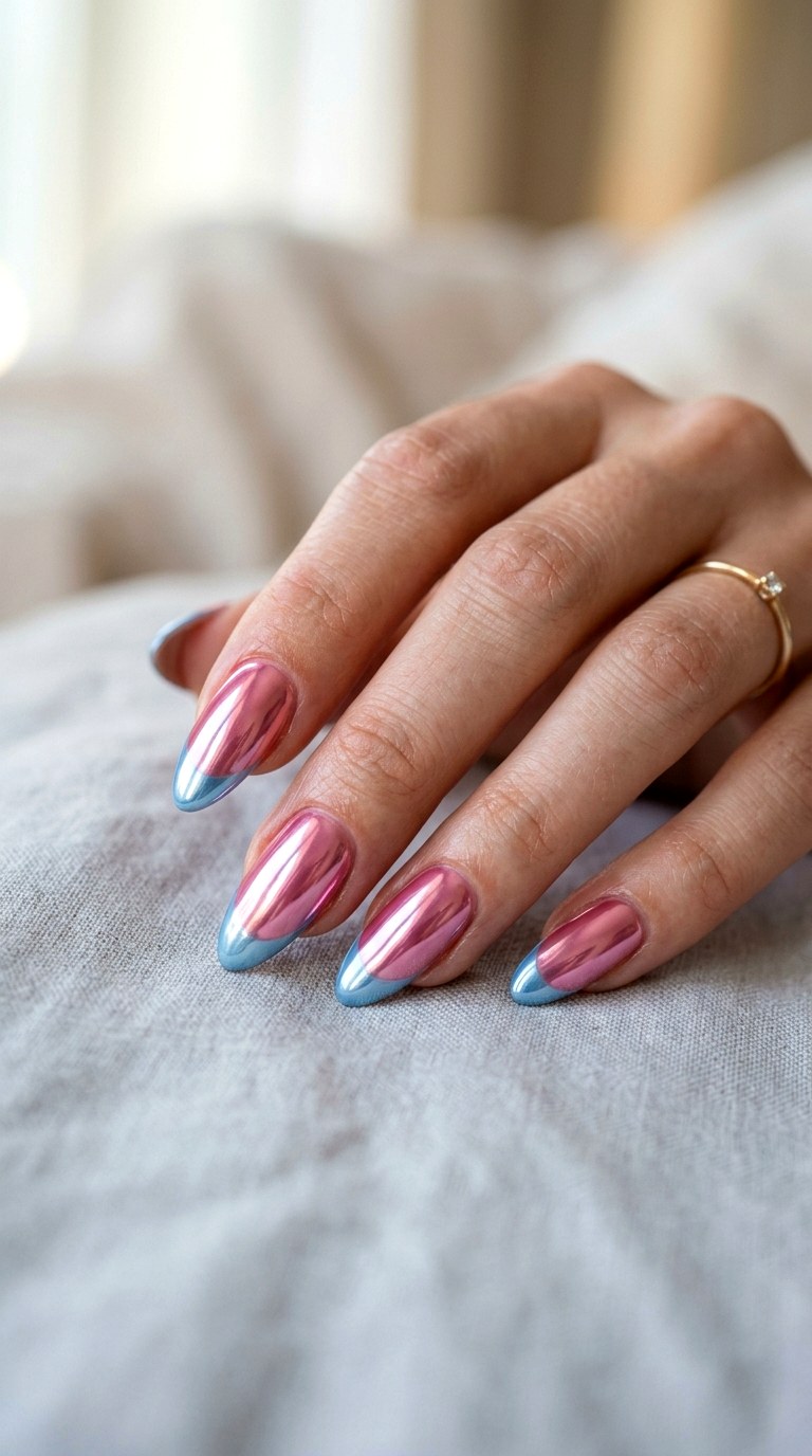Chrome Pink and Blue Tip Nails - 23 pink and blue french tip nails