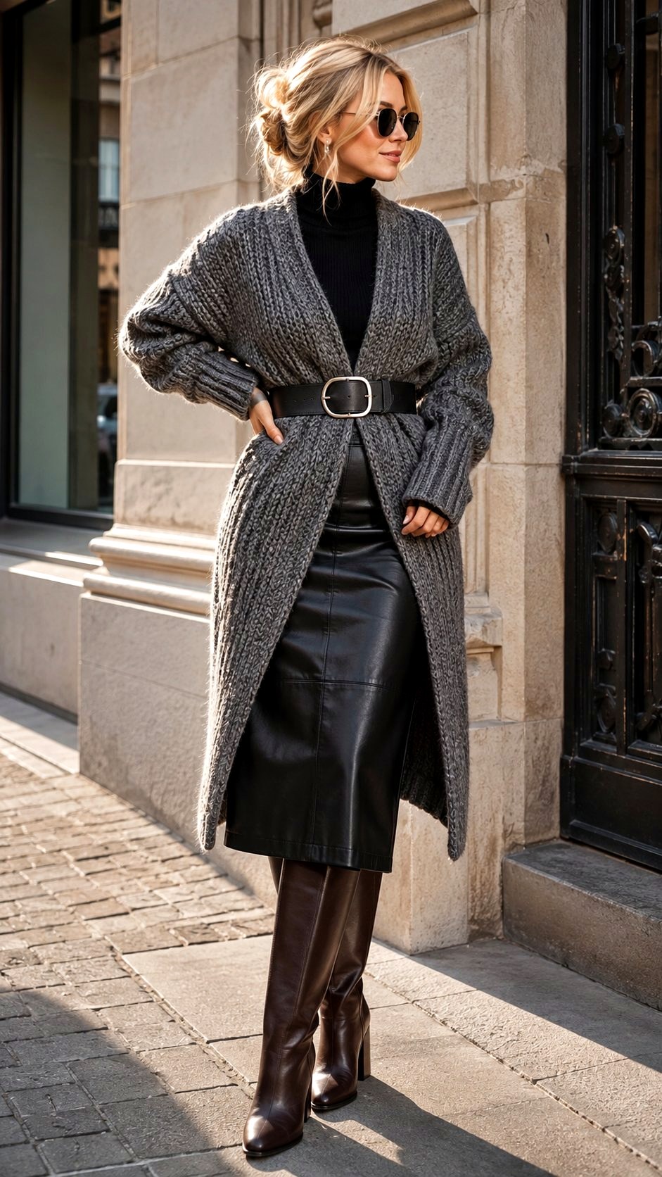 Chunky Belted Cardigan With Leather Skirt - 23 italian street style women outfit ideas