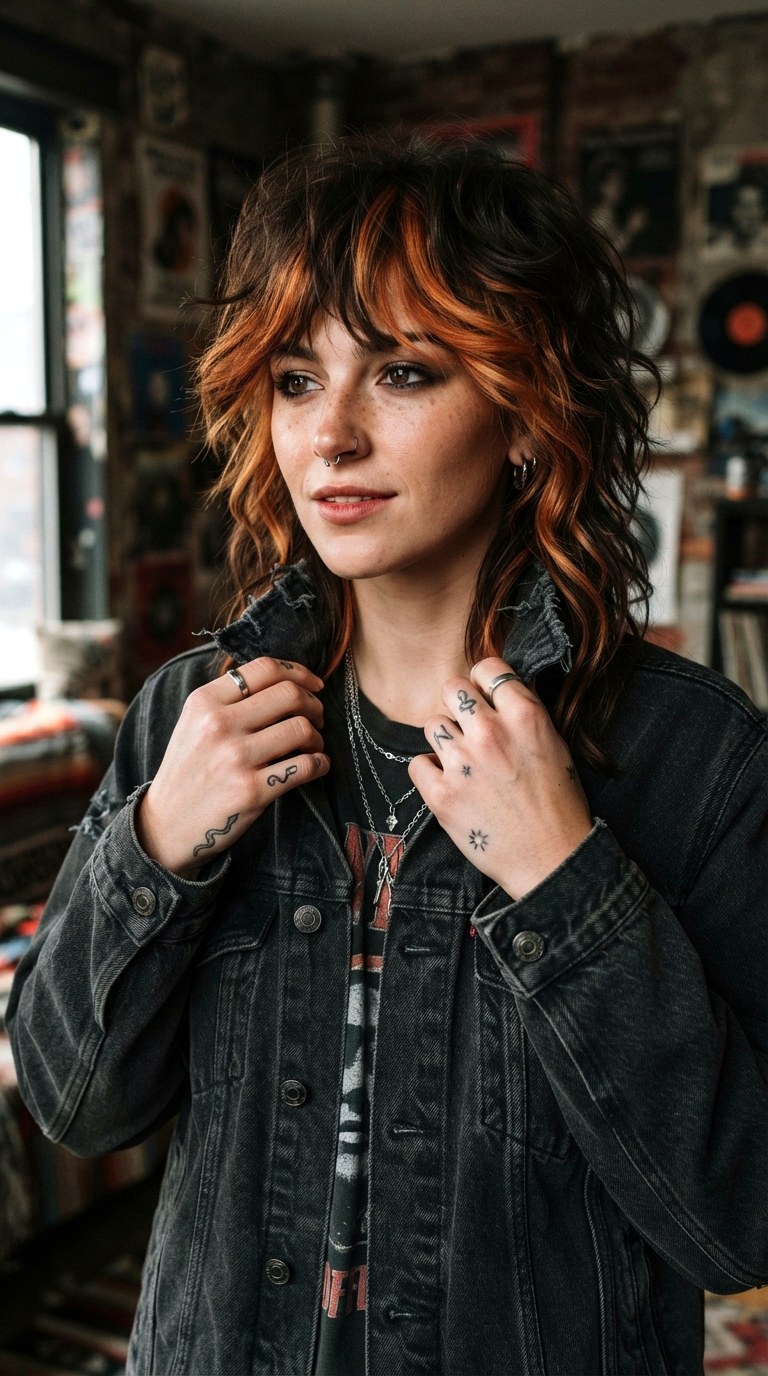 Chunky Ginger Ribbons on Wolf Cut - 22 hair dye ideas highlights