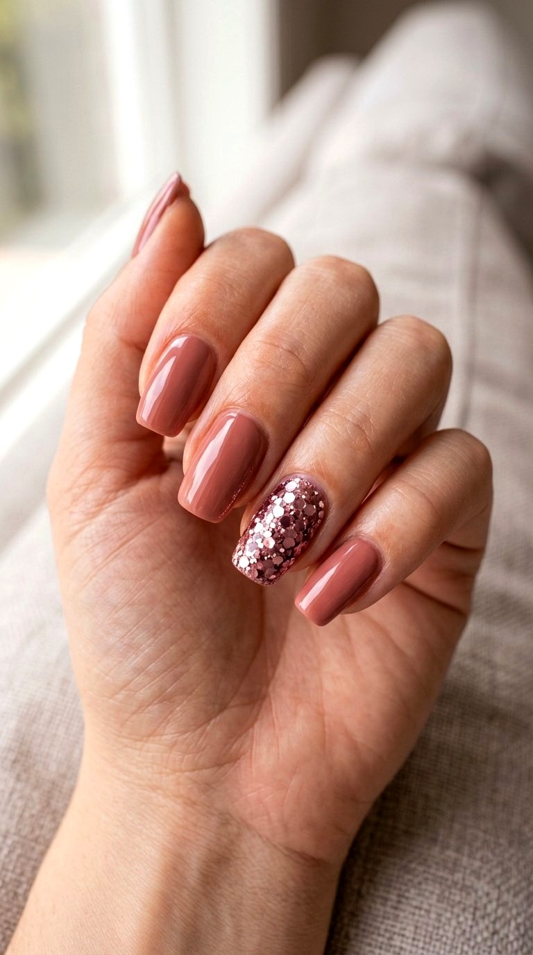 Chunky Glitter Dusty Rose Accent - 20 Desert Rose Pink Nail Ideas