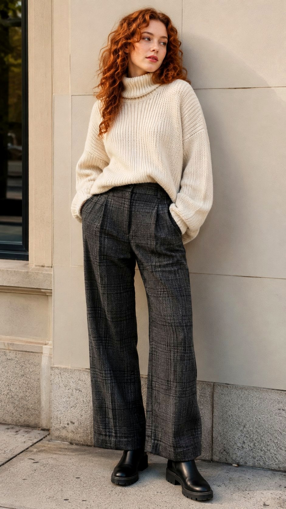 Chunky Turtleneck With Plaid Trousers - 23 italian street style women outfit ideas