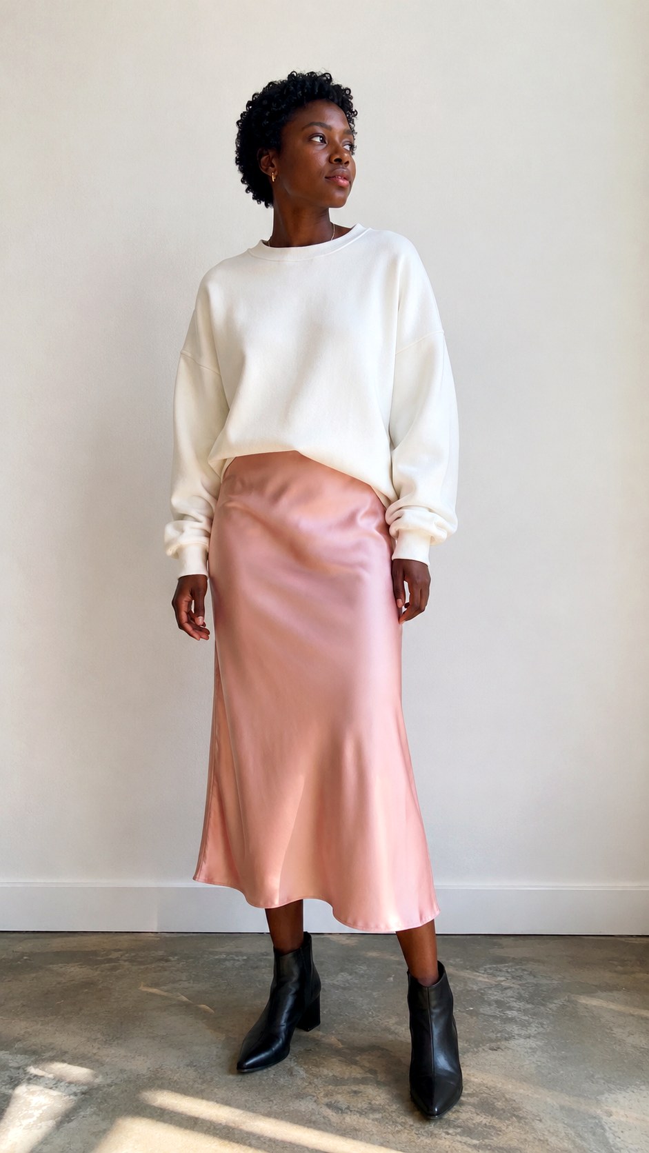 Chunky White Sweatshirt Over A Slip Dress - 20 white sweatshirt outfit ideas