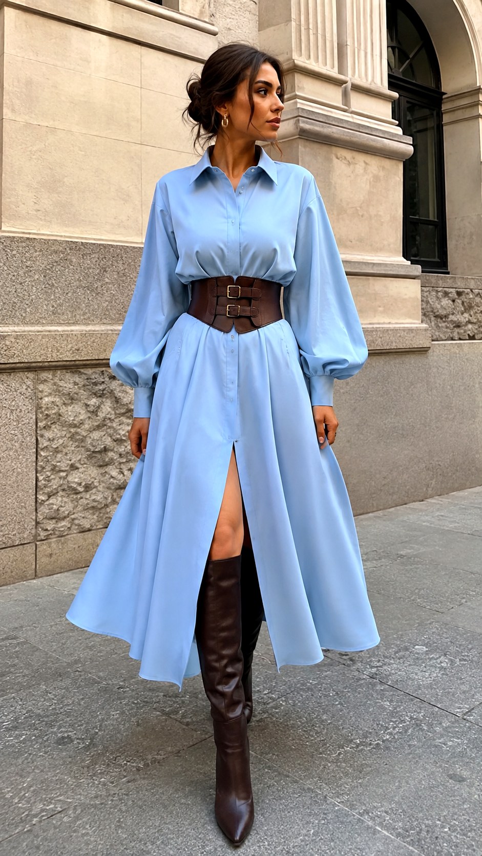 Cinched Waist Espresso and Sky Blue Shirt Dress - 25 Espresso & Sky Blue Shirt Dress Ideas