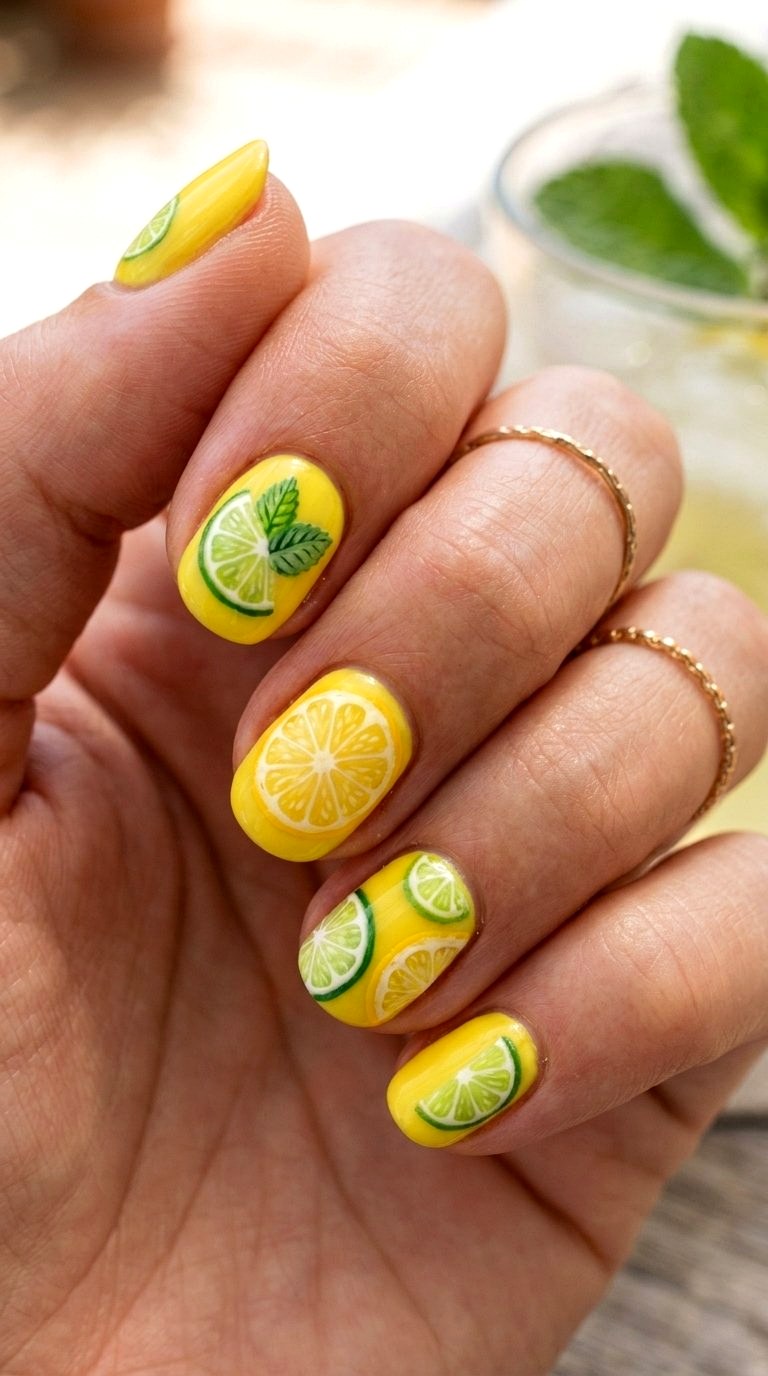 Citrus Slice Hand Painted Art - 20 Summer Acrylic Nail Art Ideas