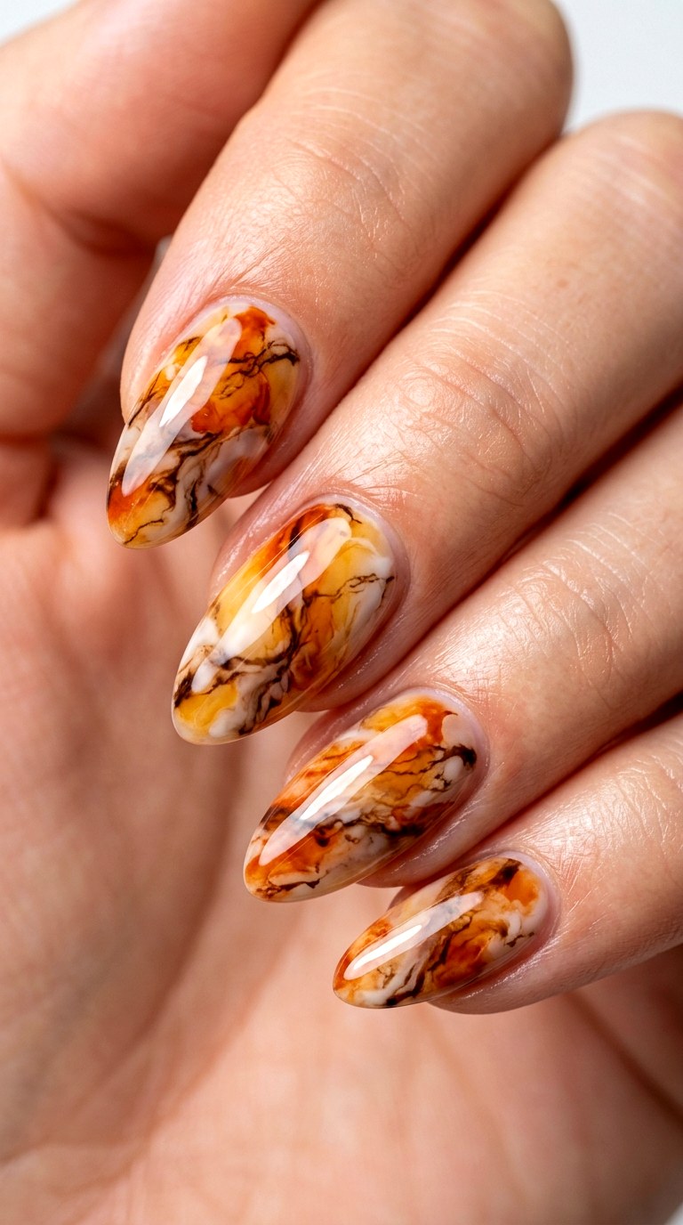 Classic Amber Almond Marble Nails - 22 Glossy Amber Marble Nails