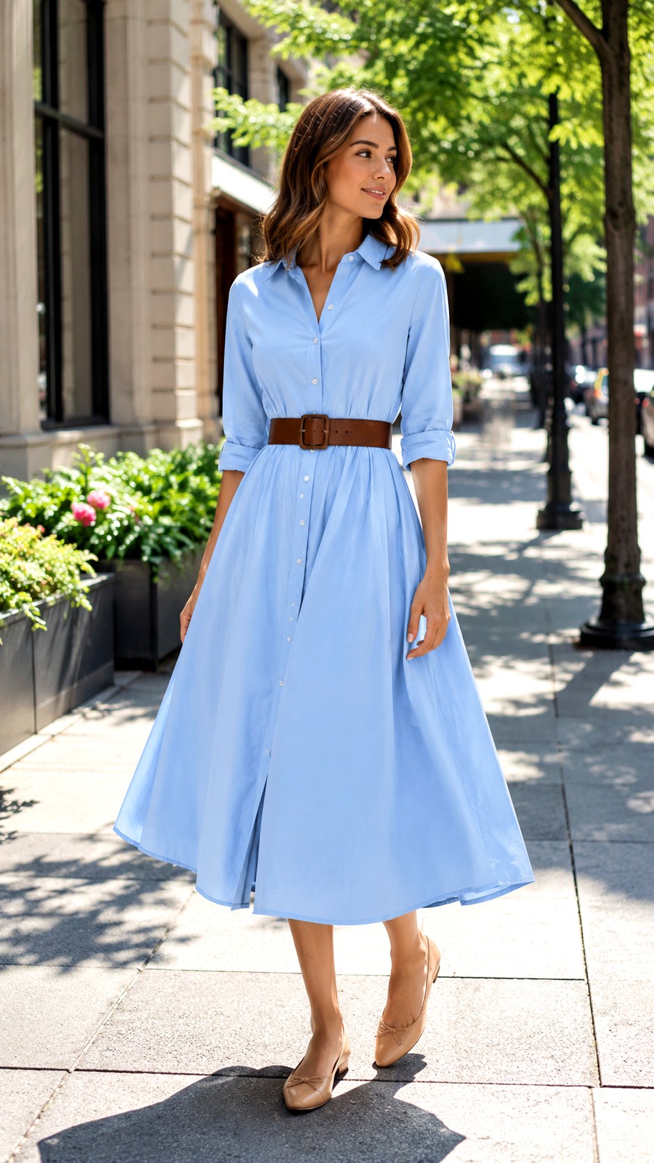 Classic Belted Espresso and Sky Blue Shirt Dress - 25 Espresso & Sky Blue Shirt Dress Ideas