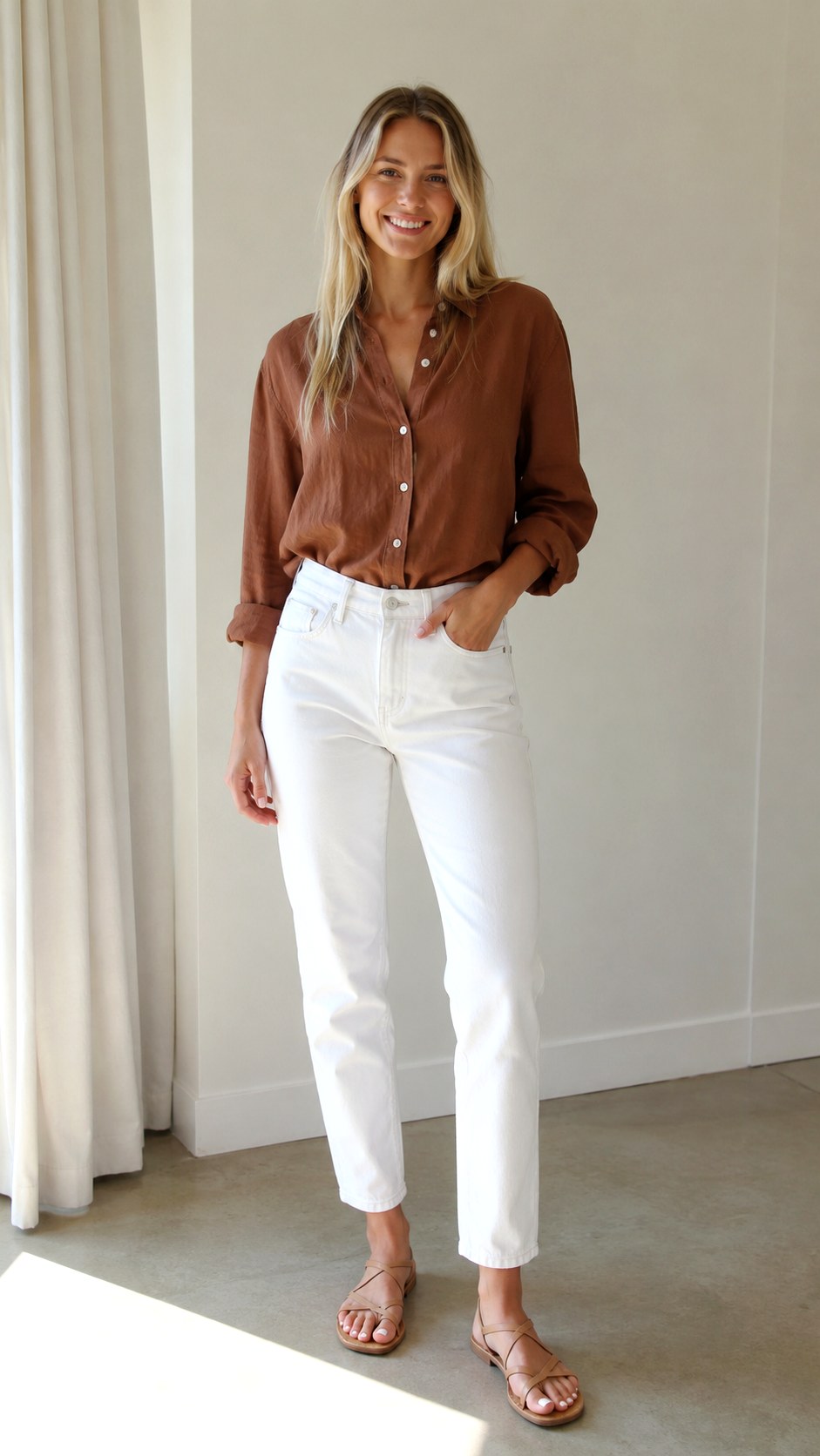 Classic Brown Linen Shirt With White Denim - 23 brown linen shirt outfit ideas