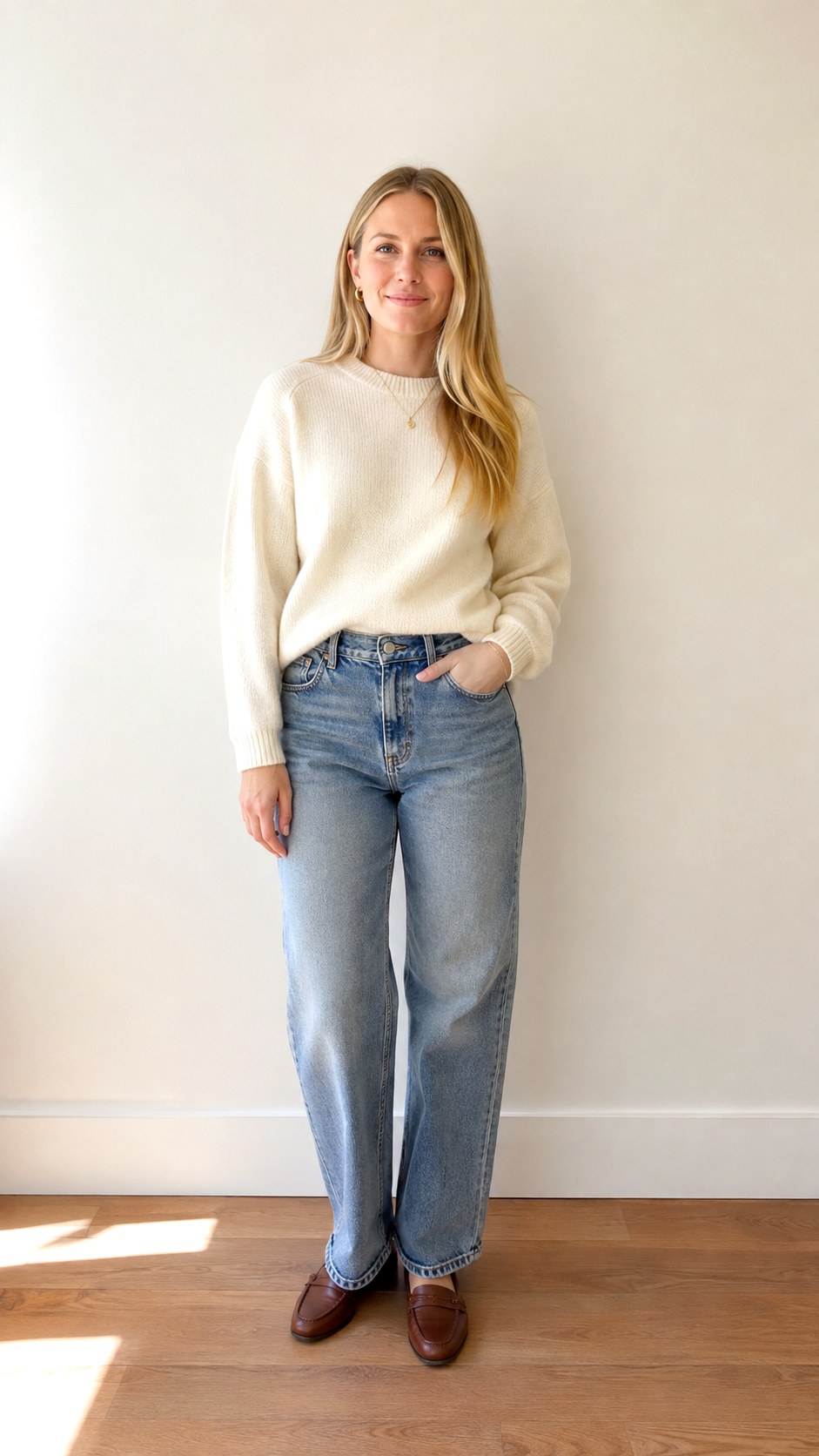 Classic Crewneck and Straight Jeans - 21 sweater and jean outfit ideas