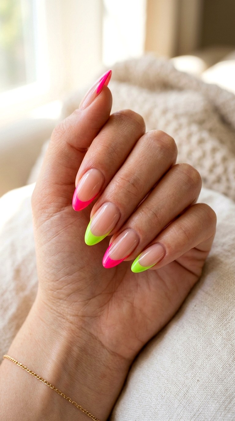 Classic French Tips With Neon Twist - 22 Summer Nail Art Ideas