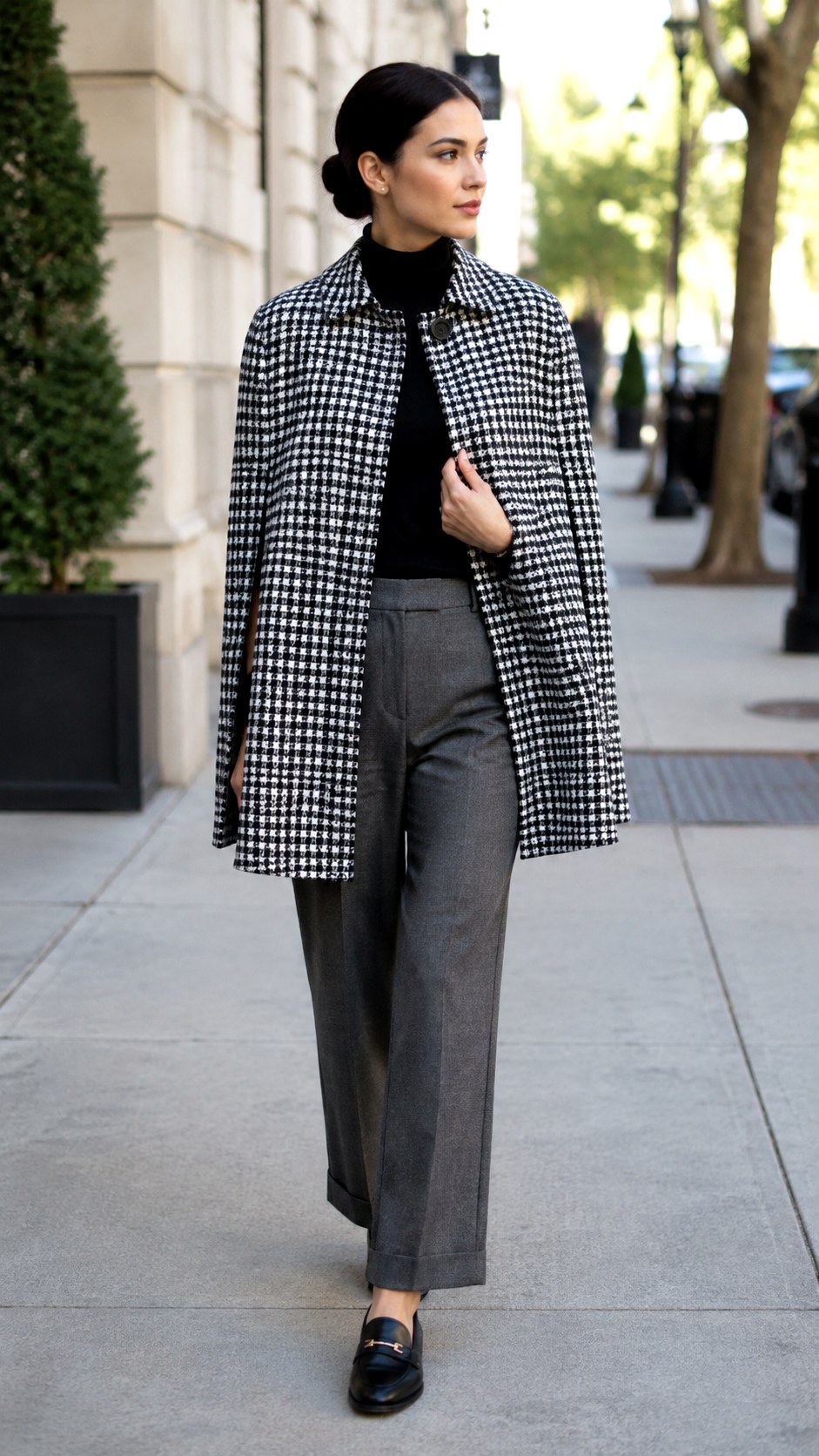 Classic Houndstooth Wool Cape Outfit Ideas - 24 pleated trouser outfit ideas