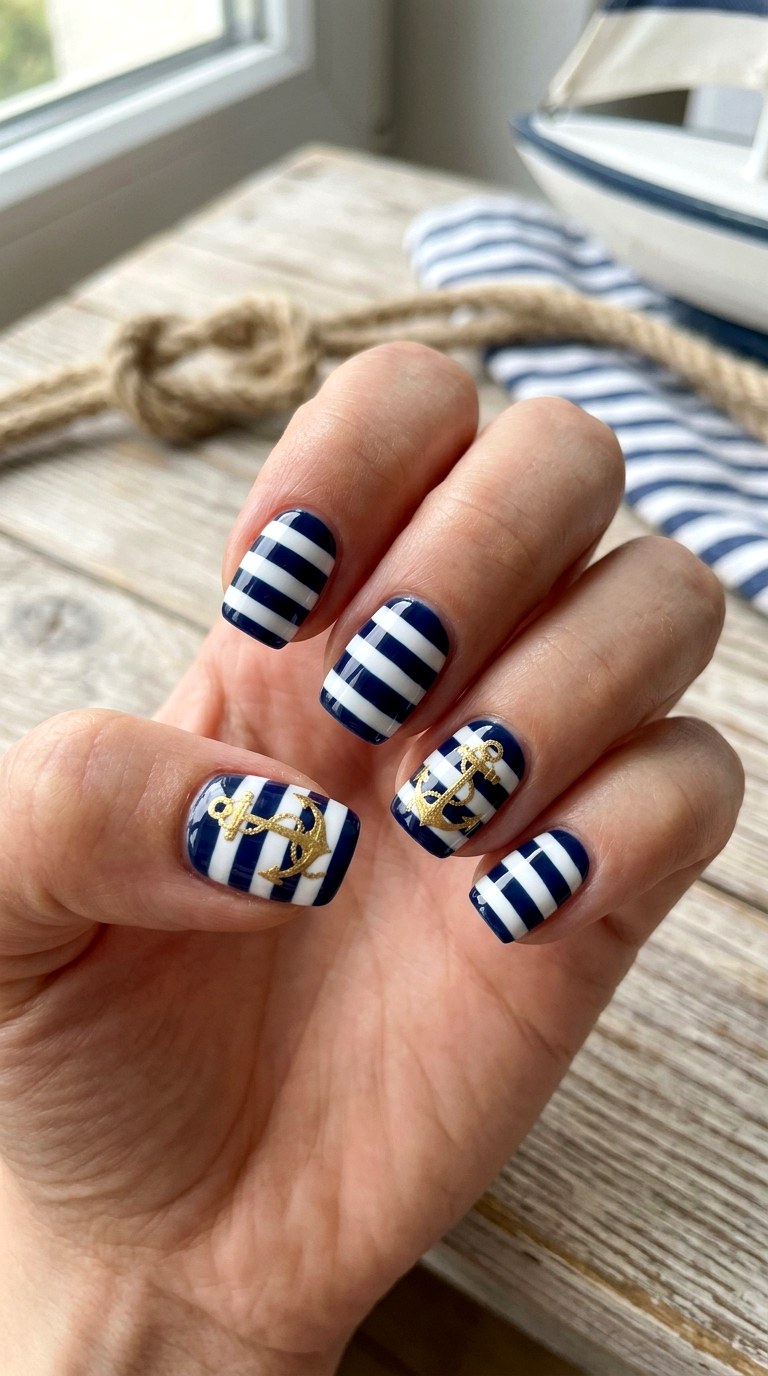 Classic Nautical Stripes With Anchors - 24 Summer Nail Design Inspo