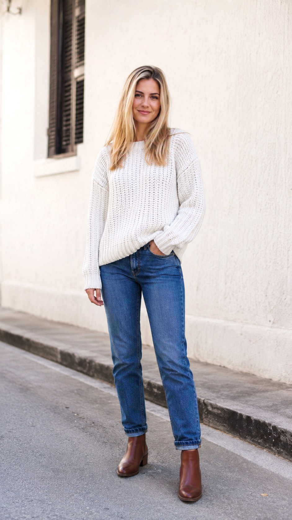 Classic White Knitted Sweater With Denim - 23 white knitted sweater outfit ideas