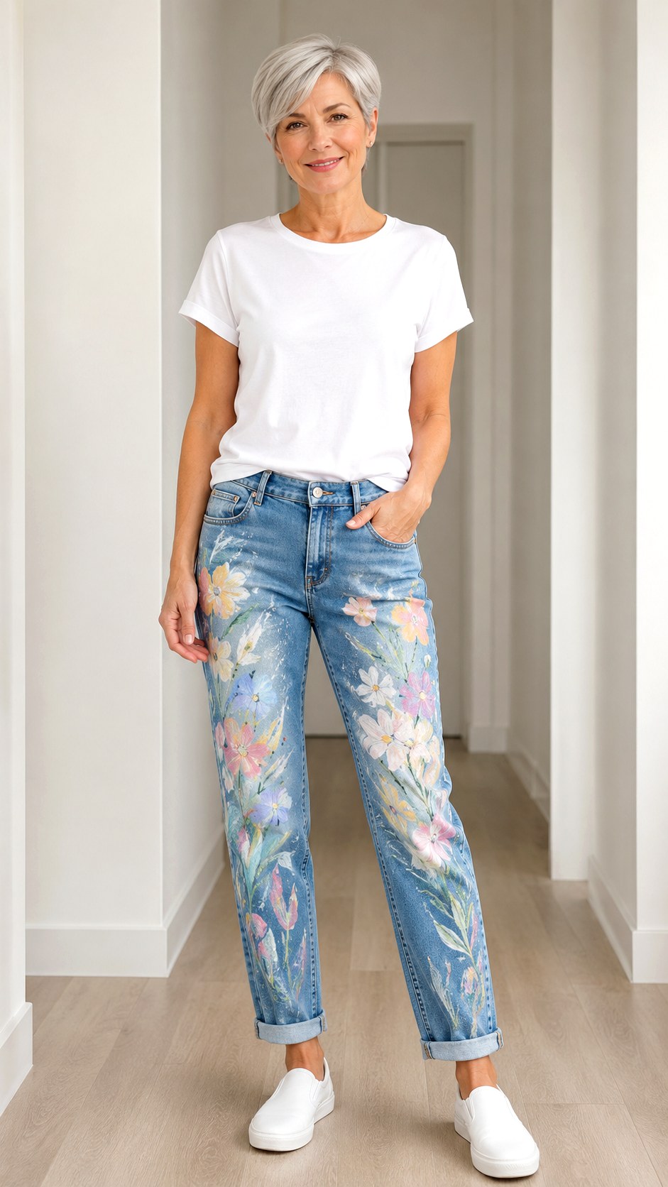 Classic White Tee Painted Jeans - 23 senior painted jean outfit ideas