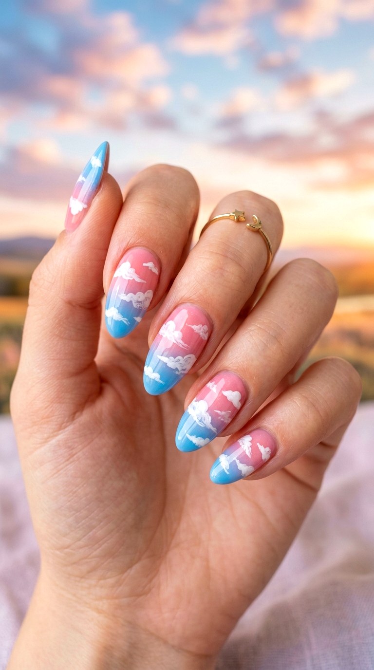 Cloud Art Pink and Blue Nails - 23 pink and blue french tip nails