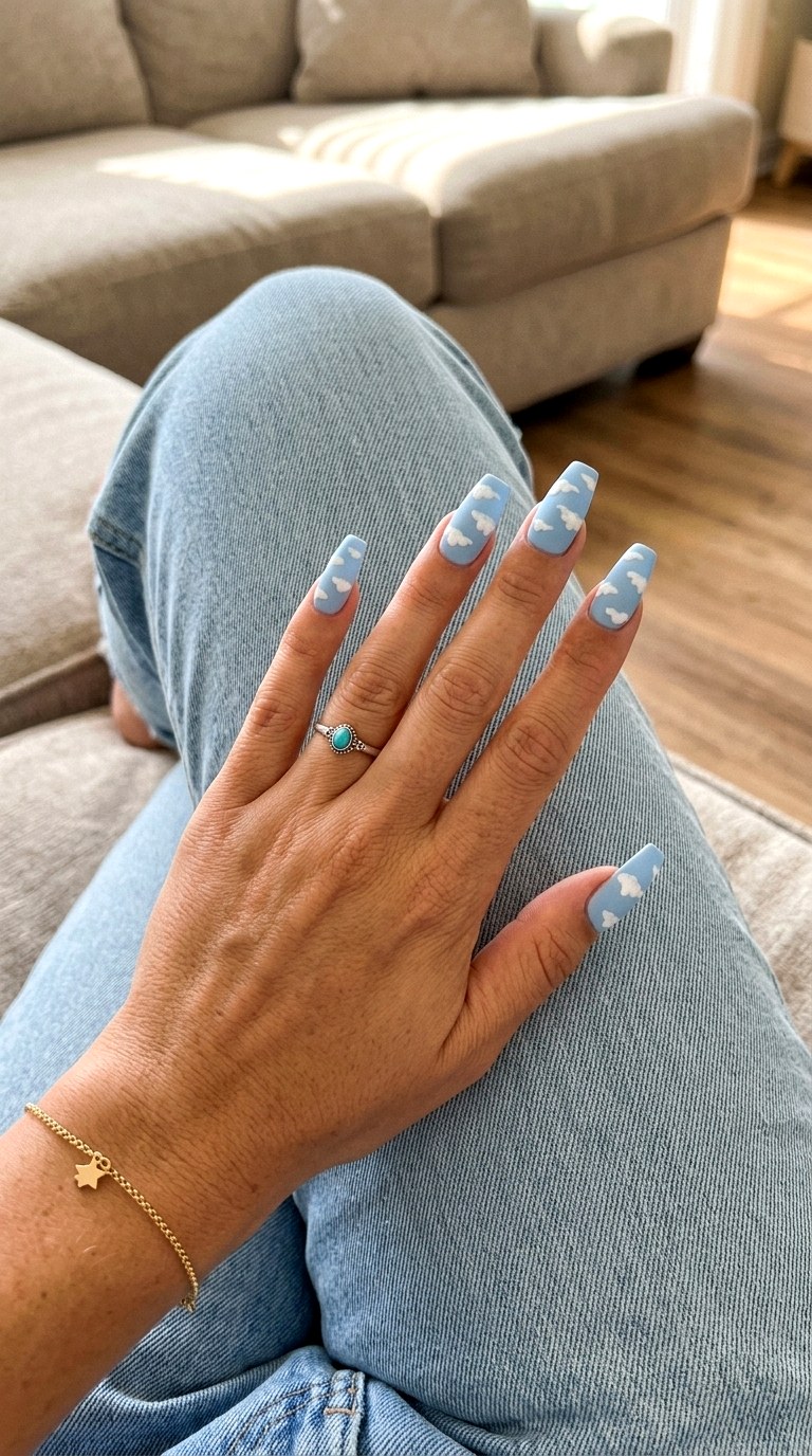 Cloud Detailing On Powder Blue - 24 Powder Blue Gel Nail Ideas